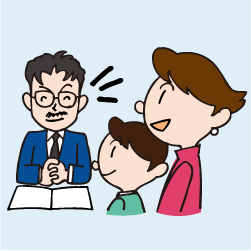 体験授業後に塾長から診断と提案を受ける生徒と保護者